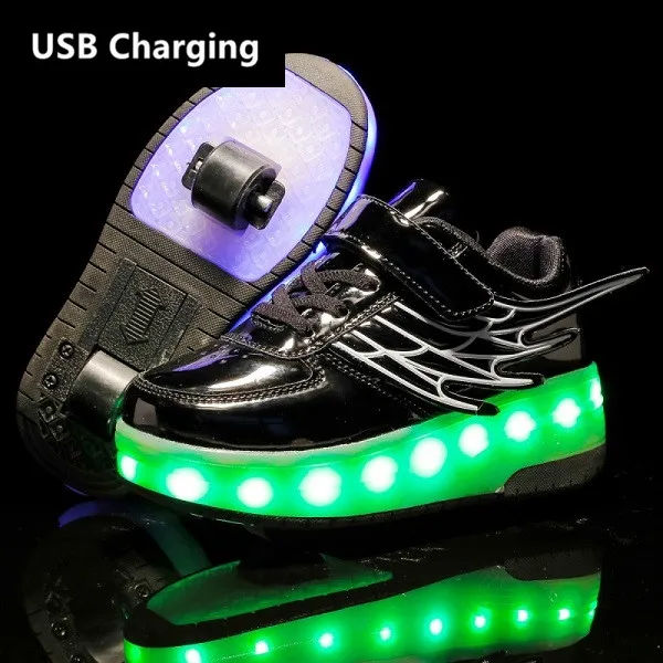 Eur28-43 кроссовки с двумя колесами и зарядкой от usb, светящийся светодиодный светильник, обувь для роликовых коньков, обувь для мальчиков и девочек - Цвет: CD03 Black