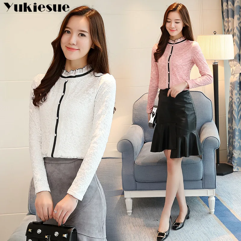 Женская кружевная блузка размера плюс белая с длинным рукавом 2019|Блузки| |