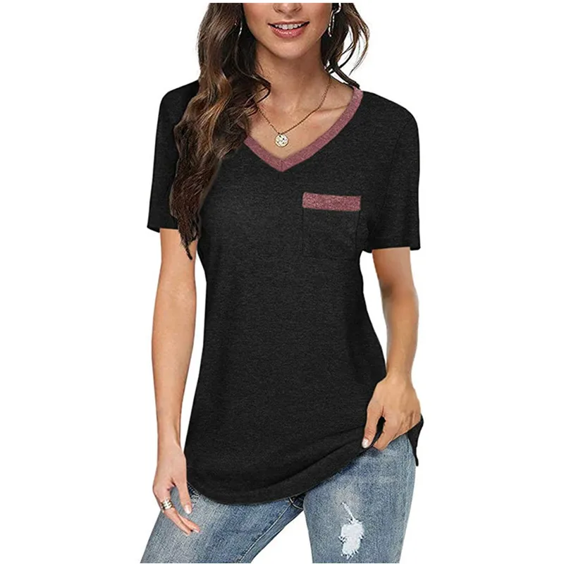 

V-neck Pocket T-shirt Women Loose Short-sleeved Tees for Women's Casual Cotton Woman Tops 2021 Women's Clothing