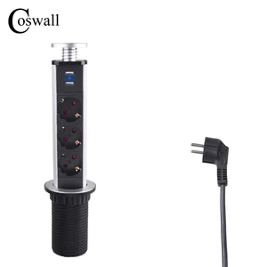 Выдвижная розетка COSWALL, 3 розетки, 2 USB-порта для зарядки, выдвижная розетка для кухонного стола, европейского стандарта, алюминиевый корпус, Синяя подсветка