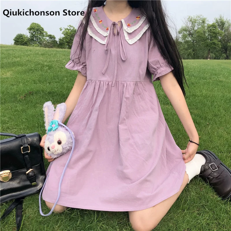 

Summer Women Short Dress Japanese Kawaii Lace Spliced Embroidery Frilly Peter Pan Collar High Waist Puff Sleeve Lolita Dresses