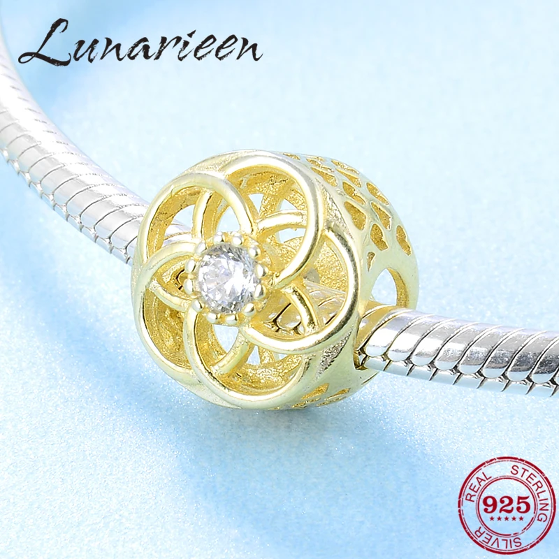 Бусины из серебра 925 пробы с золотым круглым цветком и фианитами | Украшения