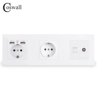 coswall double wall eu socket grounded with 2 usb charge port hidden soft backlight female tv rj45 internet outlet pc panel
