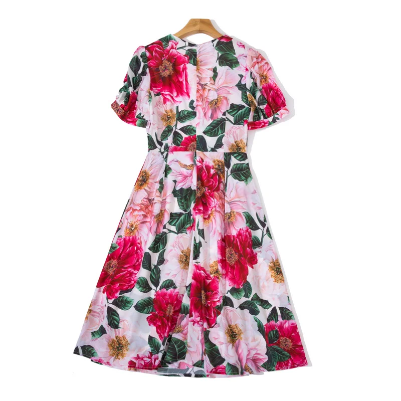 

Fashion Runway Summer New Dress Holiday Beach Party Patchwork Lace Collar Charming Floral Print Elegant Folds Midi Dress