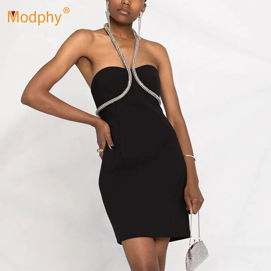 

2021 New Diamond Chain Halter Bandage Dress black Sexy Bodycon Mini Summer Women Fashion Streetwear Party Vacation Clothing