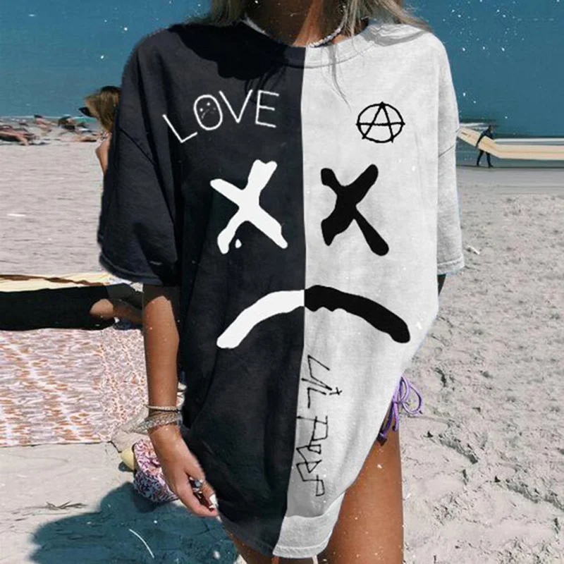 

Black White Colorblock Letter Print Graphic T Shirts Women O Neck Short Sleeve Fashion Casual Oversized T Shirt Lady 2021 Summer