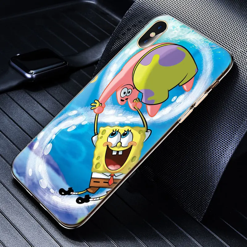 Милый мягкий силиконовый прозрачный чехол с губкой Бобом для Apple iPhone 11 Pro XS Max X XR 6 6s 7 8 Plus 5 5S SE Модный чехол
