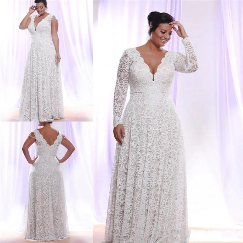 

Cheap Plus Size Full Lace Wedding Dresses Long Sleeves V Neck Bridal Gowns Floor Length A Line Wedding Dress robe de mariage