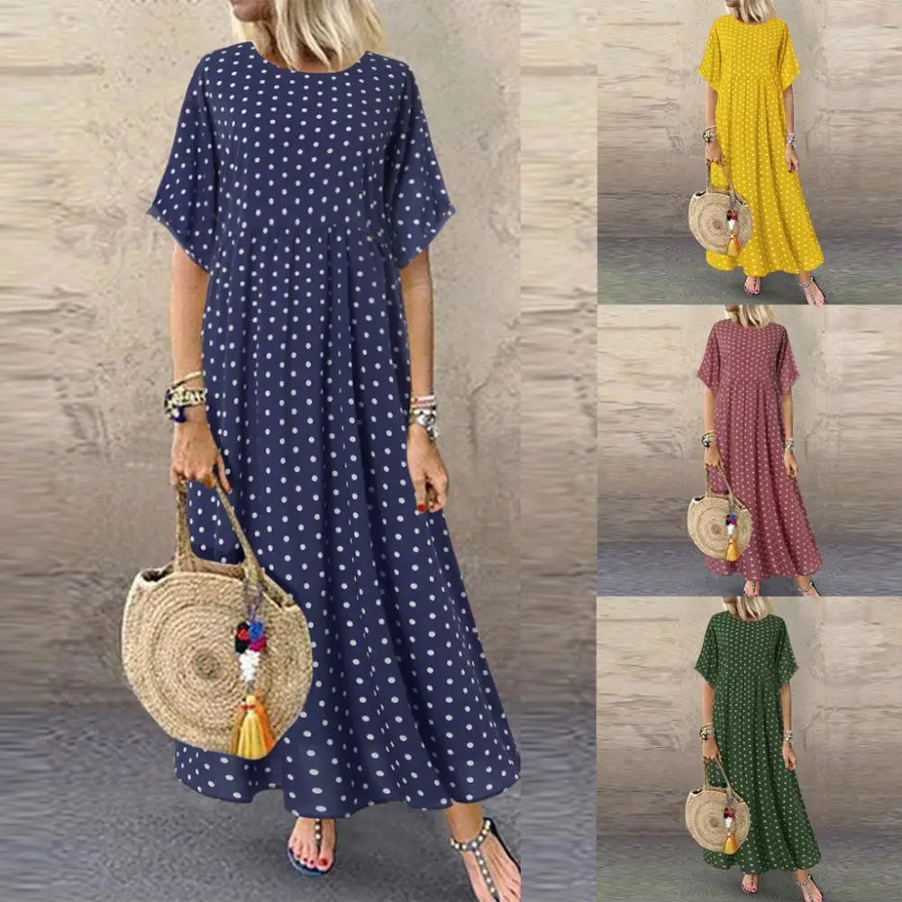 Женское платье Осеннее повседневное свободное в горошек с круглым вырезом