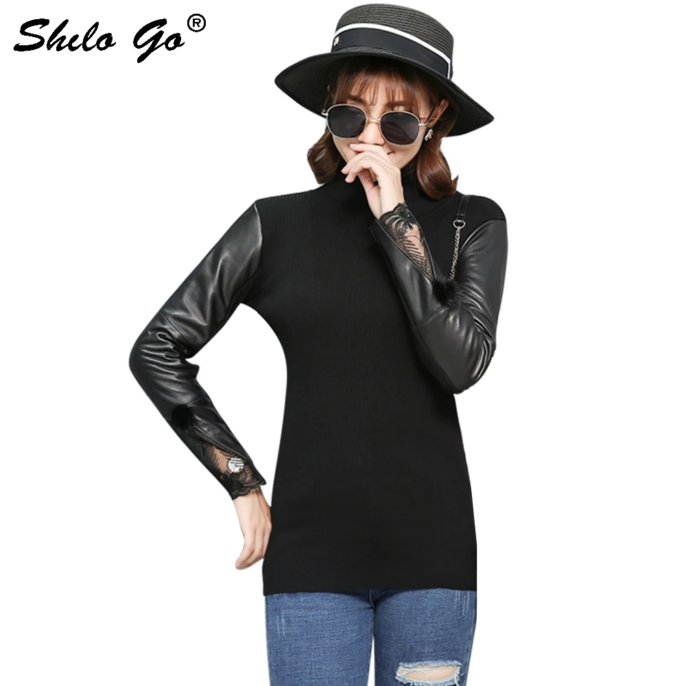 Блузка из натуральной кожи элегантная Минималистичная водолазка с рукавом