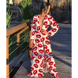 2021 beach dress summer print swimwear women sexy cover up solid long tunic bubble sleeve swimsuit with belt bathing suit free global shipping