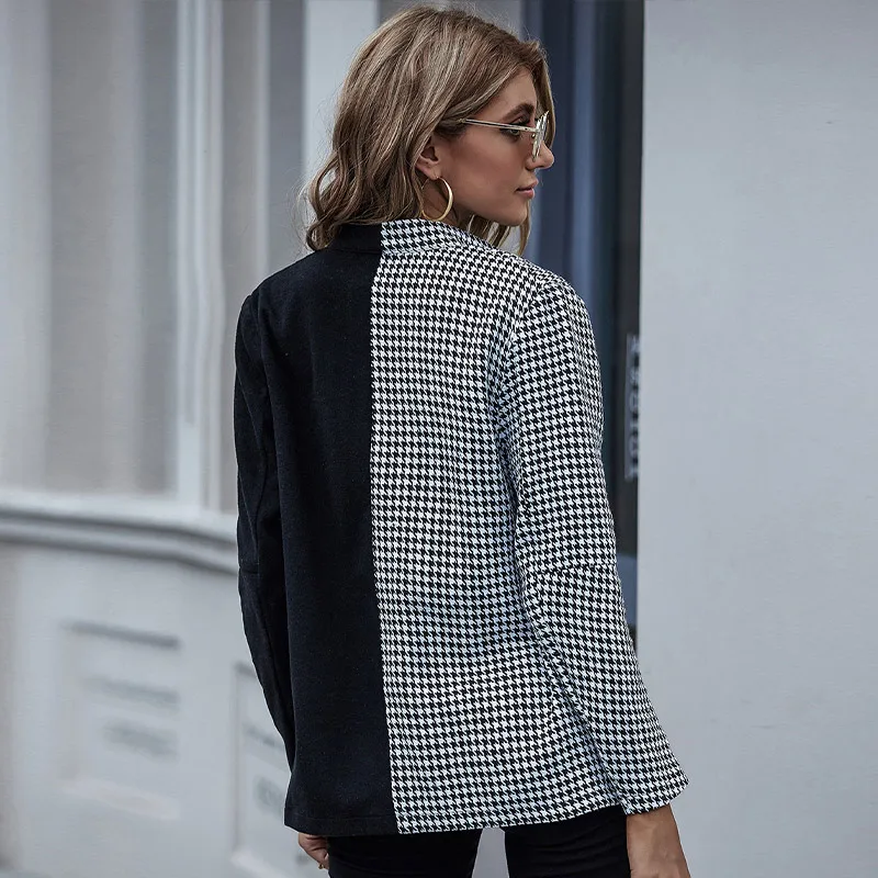 

Autumn Houndstooth Pacthwork Suit Jacket Women Casual Turn-down Collar Blazers Female 2021 Fashion Streetwear Ladies Blazer Top