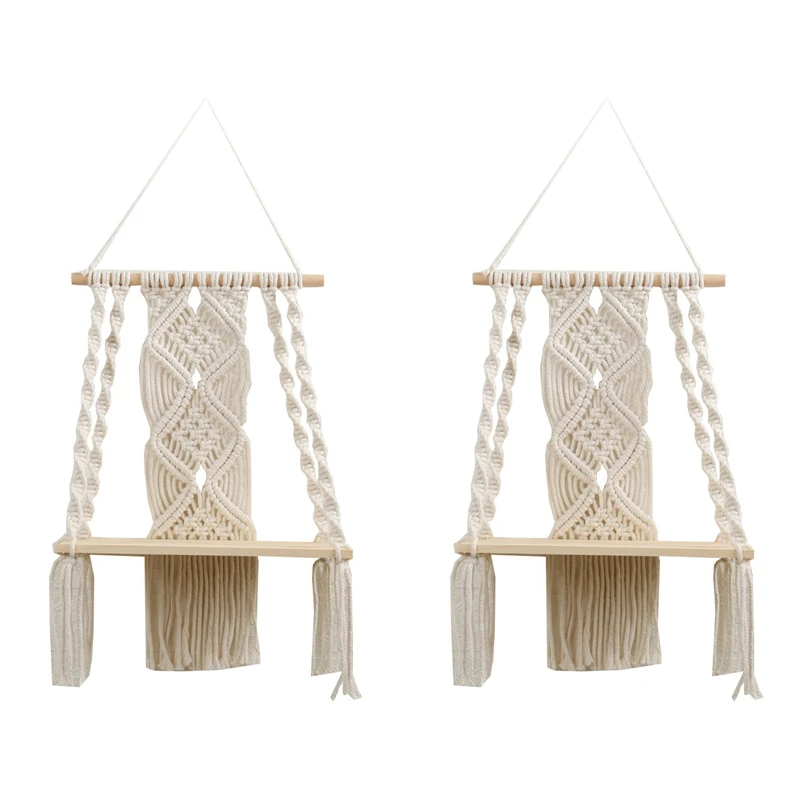 

2 Pcs Boho Macrame Wall Hanging Shelf Handmade Woven Tassel Tapestry Rack Wood Floating Storage Hanger for Home Decor