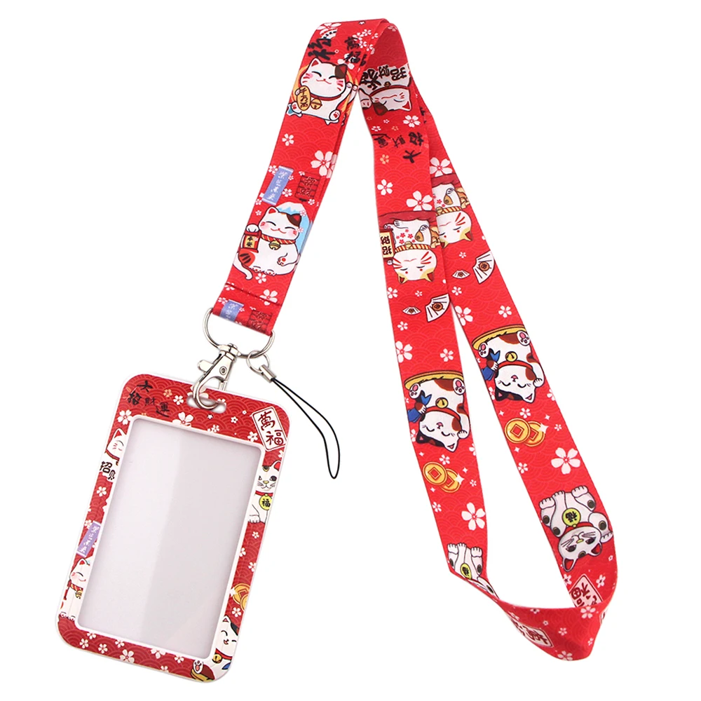 

YL5 Cute Red Lucky Cat Print Keychain Ribbon Lanyards ID Badge Holder for Keys Straps Hanging Rope Lariat Students Friends Gifts