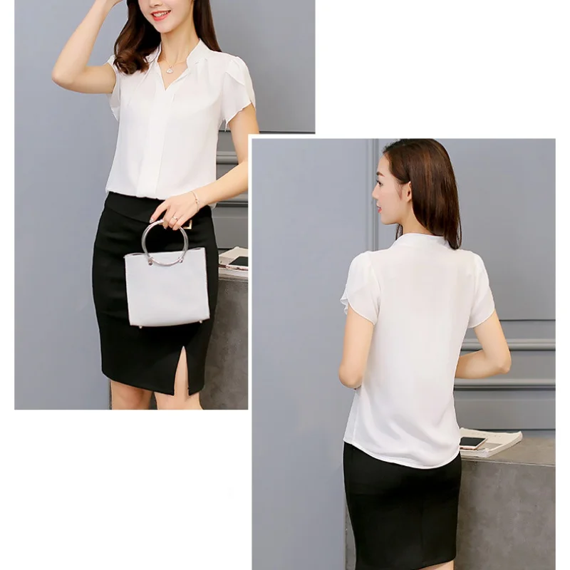 

EFINNY Women Short Sleeve Tops Elegant Slim Chiffon Blouse Shirt Solid Pullover V-Neck Blouses Plus Size 3XL