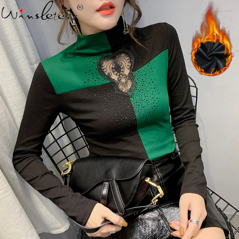 

MadBlack Fall Winter Clothes Cotton T-Shirt Mock Neck Patchwork Mesh Diamonds Color Blocking Women Tops With Fleece Tees T1N511A