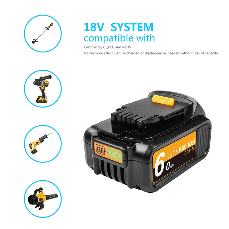 Литий-ионный аккумулятор Turpow 18 в 6 0 А · ч DCB182 для электроинструментов Dewalt DCB180 DCB181