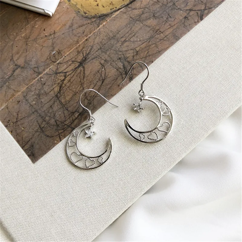 

POFUNUO Real 925 Sterling Silver Women Delicate Moon Star Drop Earrings Korean Girls Mini Studio Personalized Gold Niche Earring