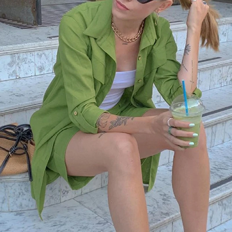 

GALCAUR Green Two Piece Set Women's Lapel Collar Long Sleeve Shirt Loose High Waist Shorts Female Solid Suit New Clothing Summer