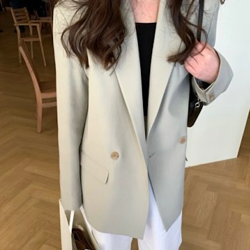 

Women Jackets 2021 Autumn Korea Temperament Ladies Lapel Two Button Design Loose Solid Color Long-Sleeved Suit Coat