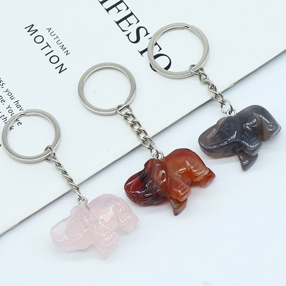 

85mm Natural Stone Agates Elephant Shape Opal Rose Quartzs Key Chain Women Trinket Car Bag Key Ring Jewelry Gift Size 28x28mm