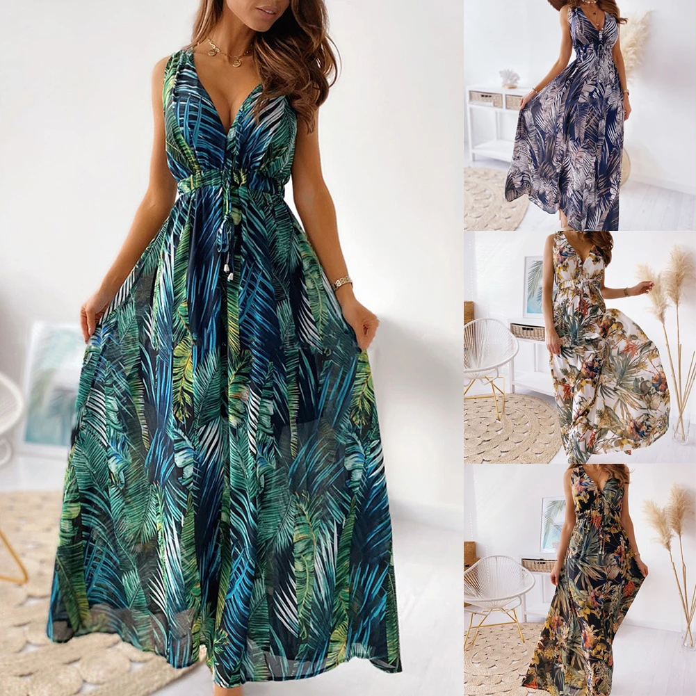 

Y2k Dress Slim Long Skirt Bohemia Beach Party Fresh Sweet V-Neck Large Pendulum Retro Print Halter Sleeve Sleeveless Slim