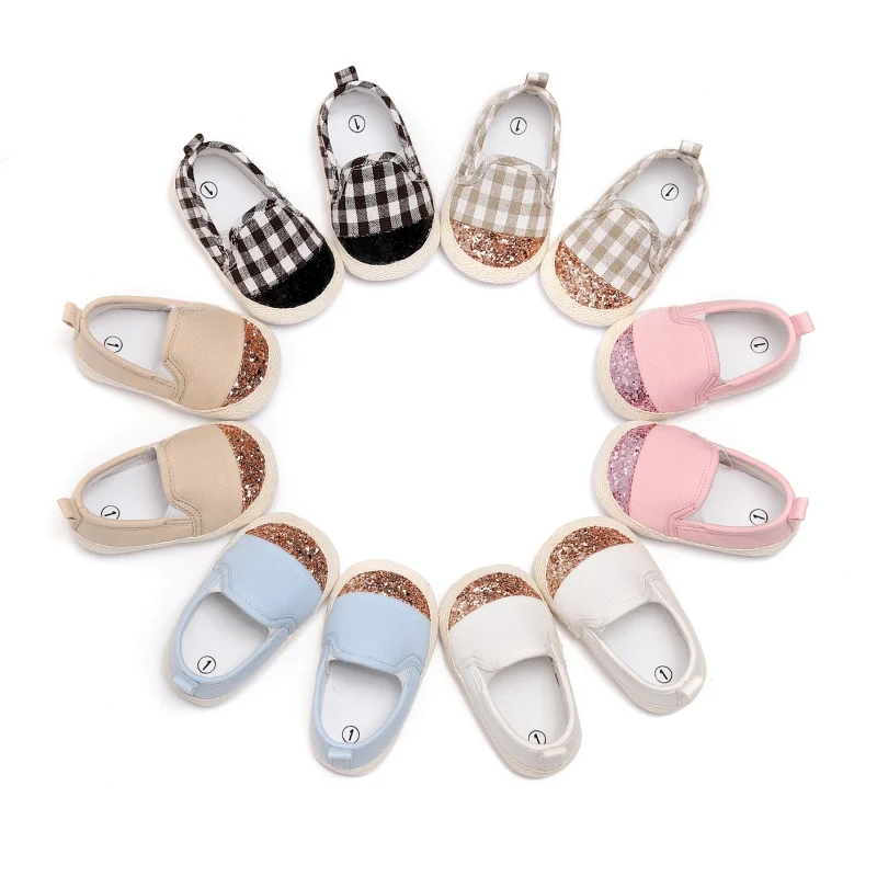 

Туфли клетчатые парусиновые для малышей 0-18 месяцев, повседневная обувь для принцесс, с пайетками, нескользящая Мягкая подошва, обувь для пе...