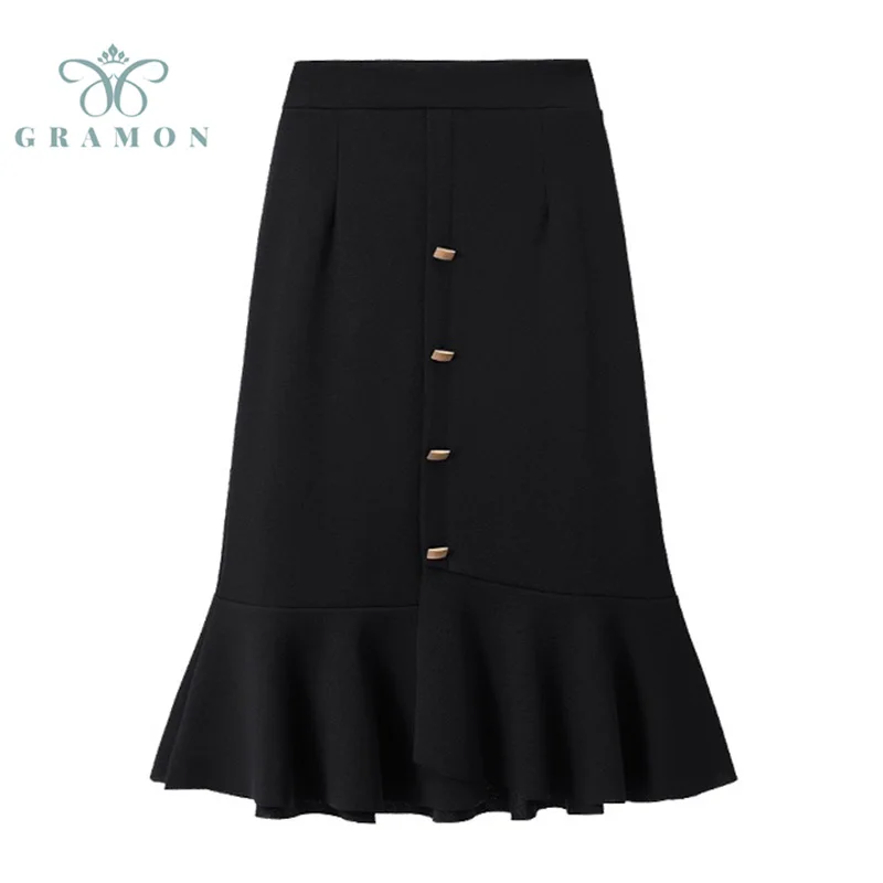 

Trumpet Skirt Plus Size Korean Style Midi Long Skirt Fashion Retro Women Autumn High Waist Button Office Lady Jupe Longue Femme