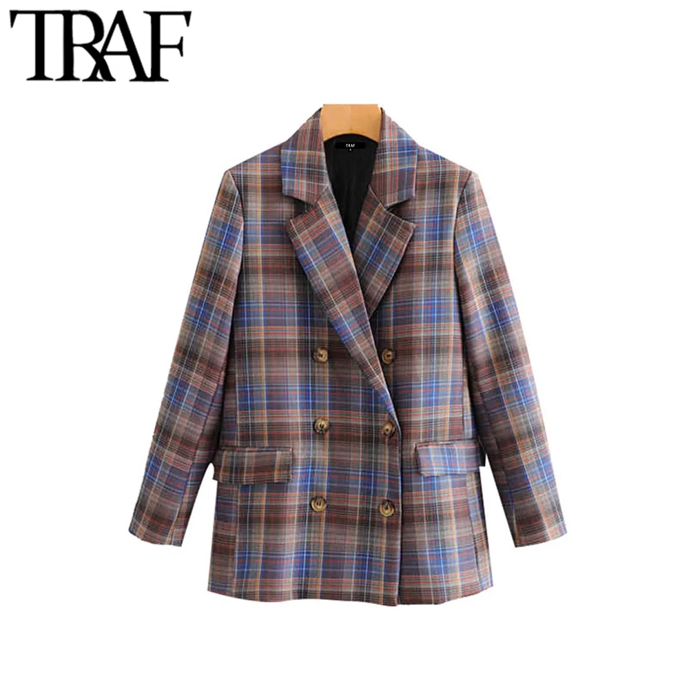 Женский двубортный Блейзер TRAF винтажный блейзер в клетку с длинными рукавами и