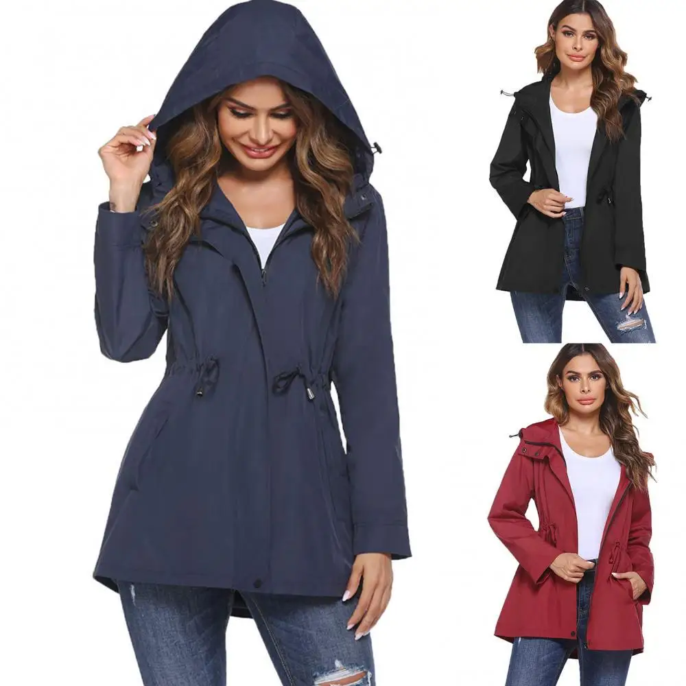 

Women Autumn Winter Solid Color Waist Tight Windbreaker Zip Hooded Coat Jacket