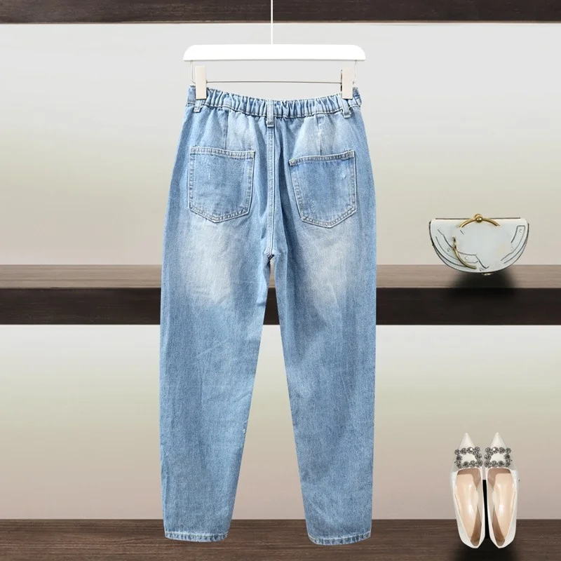 

Pearl Beading Straight Jeans Womens New Hole Design Casual Harem Pants Pockets Button Fashion Korean Style Ankle Length Pants