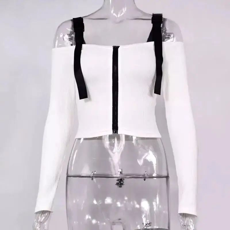 Женская футболка на одно плечо с длинным рукавом молнии | одежда