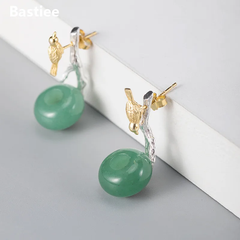 

Bastiee Vintage Jade Drop Earrings 925 Sterling Silver Jewelry For Women Bird Drink Water Stud Earings Handmade Luxury Gifts