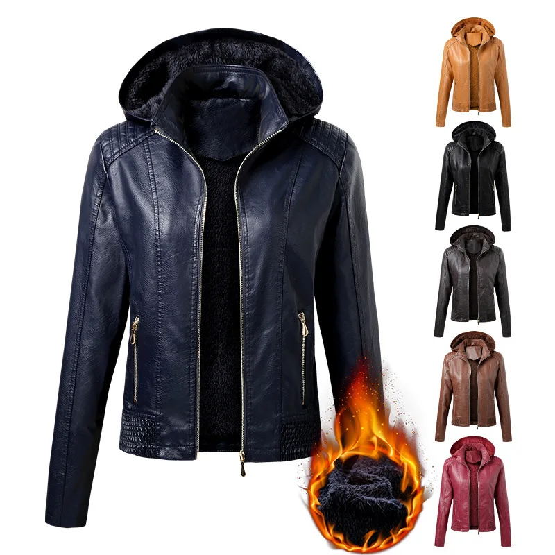 2020 New Arrival Autumn Winter PU Leather Coat Women Fashion Hooded Collar Velvet Keep Warm Short Women's Leather Jacket S-XL