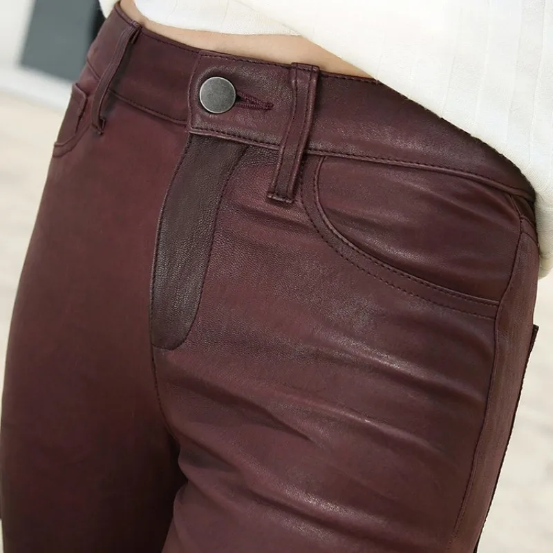 

Office Ladies Slim Fit Luxury Sheepskin Real Leather Boot Cut Flare Pants Womens Sexy Stretchy Skinny Push Up Trousers Red Pants