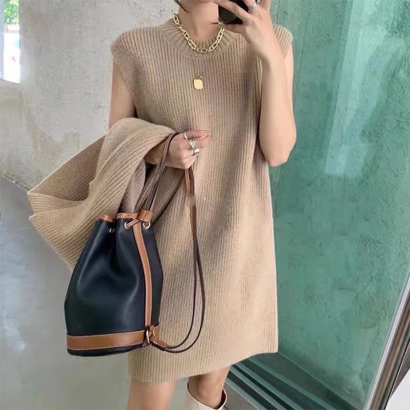 

2021 New Fashion Women's Autumn And Winter Mid-length High Neck Shawl Lantern Sleeve Sweater Knitted Dress Two-piece Female