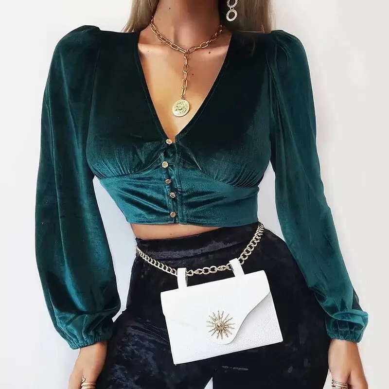 

New Street Wear Women's Tops Velvet Soft Sexy V-neck Short Blouse Female Buttons Designer Autumn Spring Shirts Chic Girl's Tops