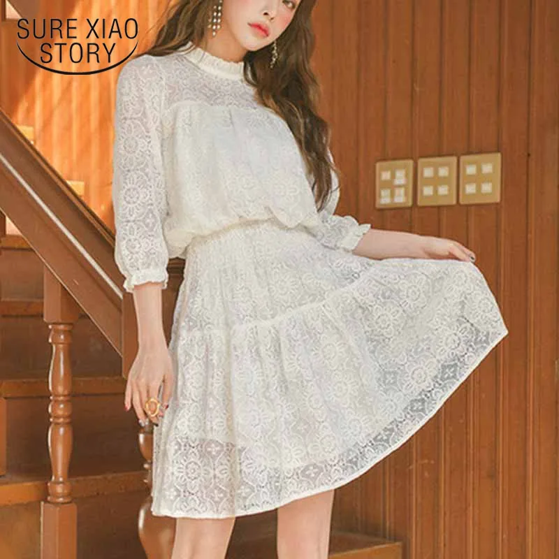 

Elegant Lace Dress Office Women White A-Line Dress Half Sleeve Elastic Waist Harajuku Vestidos Robe Mujer Korean Style 12106