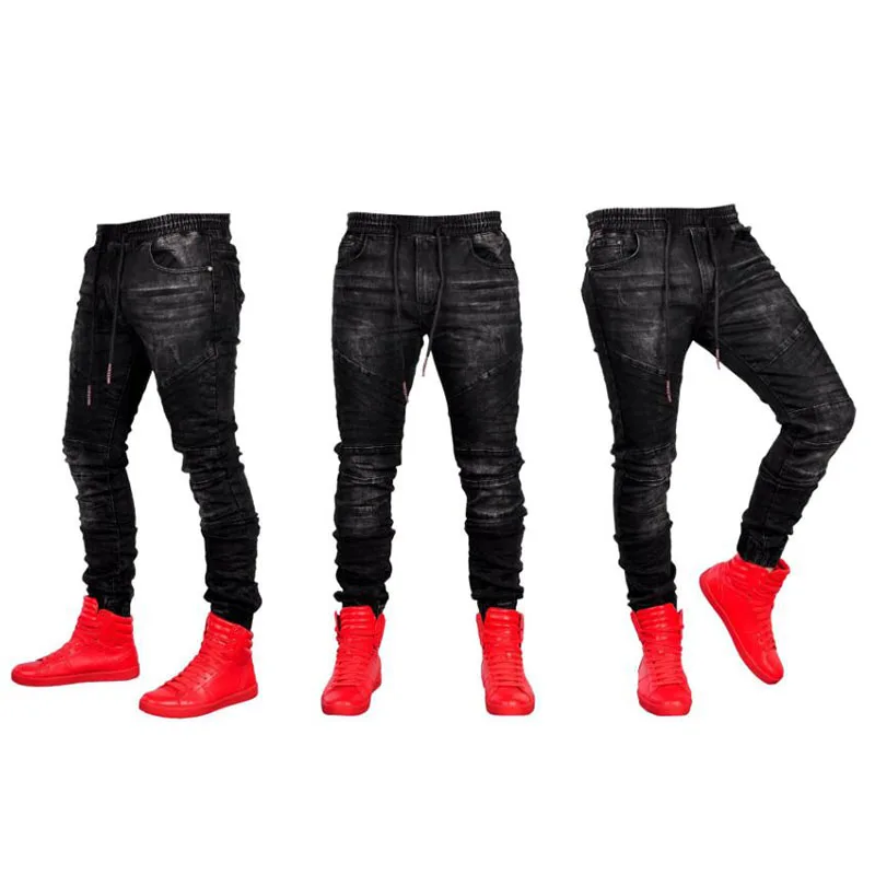 Men Black Jeans Fashion Slim Fit Elastic Waist Jogger Denim Jeans Hombre Casual Loose Hip Hop Denim Pants Pantalones Vaqueros