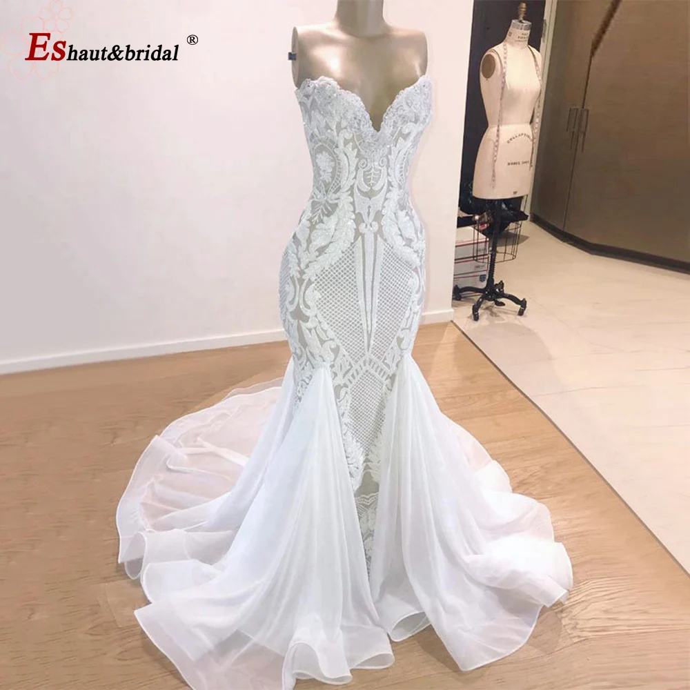 

Luxury Elegant Mermaid Wedding Dress 20201 Trumpet V-Neck Sleeveless African Bling Bridal White Sequin Beach Gowns