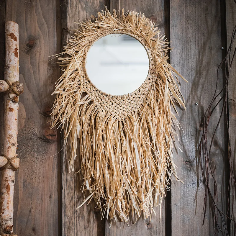 

unique straw decorative round wall mirror