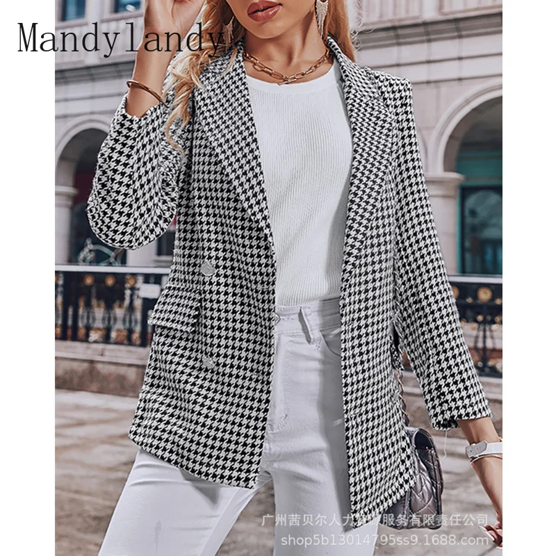 

Женский элегантный клетчатый Блейзер Mandylandy, куртка, Женская Осенняя модная этикетка, двубортный костюм, пальто, верхняя одежда