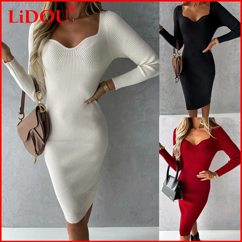 

Женское вечернее облегающее платье-карандаш вечерние ней длины, однотонное элегантное черное платье с квадратным вырезом и длинным рукаво...