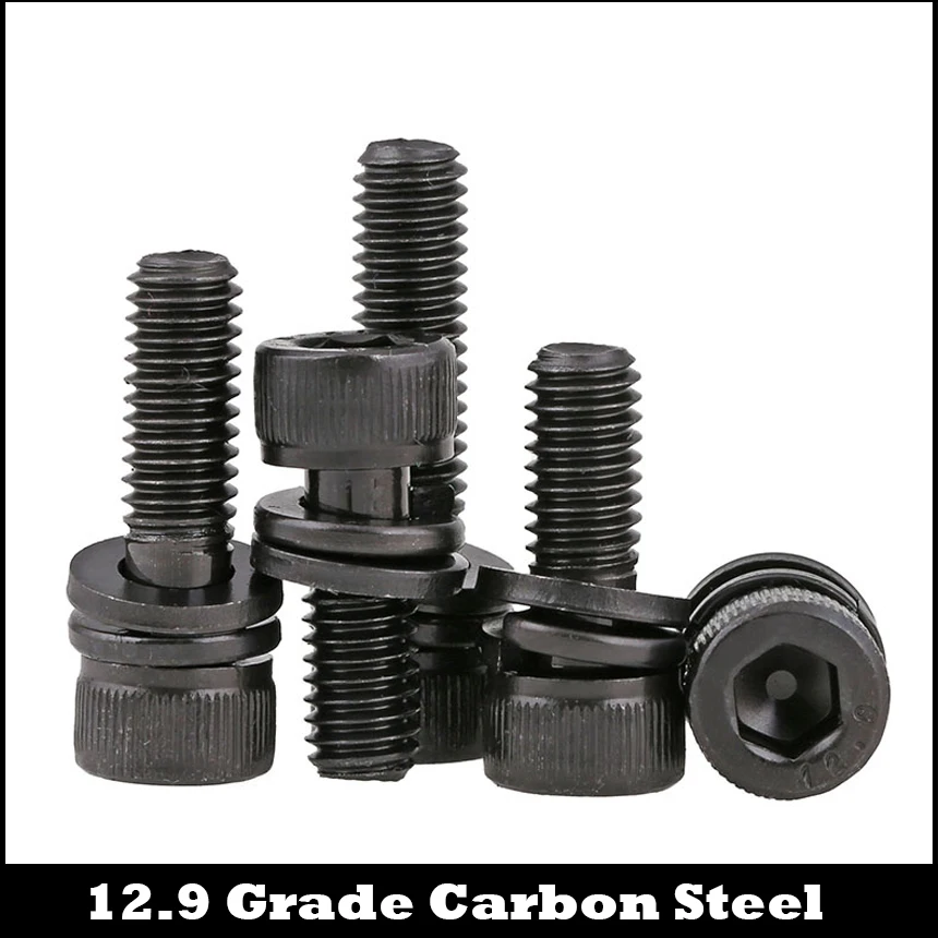 

M3*8/10/12 M5*12*16/20 12.9 Grade Black Carbon Steel Allen Head Hex Hexagonal Socket Bolt Spring Plain Washer Assembly Screw Set