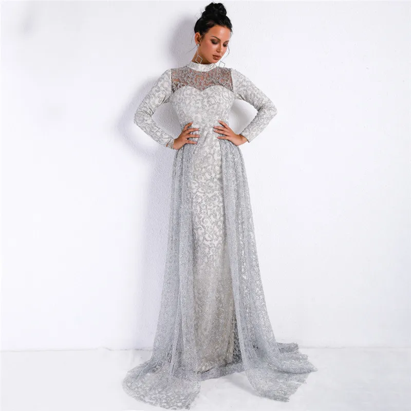 

New Arrival 2020 Women Elegant High Neck Solid Dress Elegant Silver Long Sleeve Sequined Zipper Back Female Maxi Party Dress