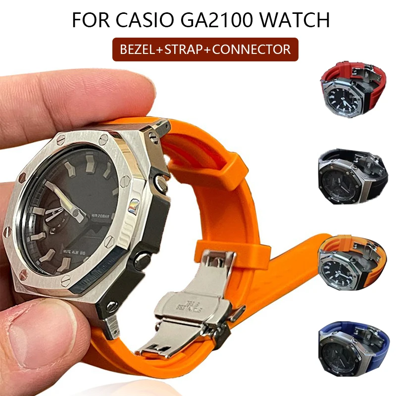 

Rubber Strap+case for Casio GA2100 Watch Adapter Metal Second Generation Bezel Fluorine WatchBand for Casio G-Shock GA-2100/2110