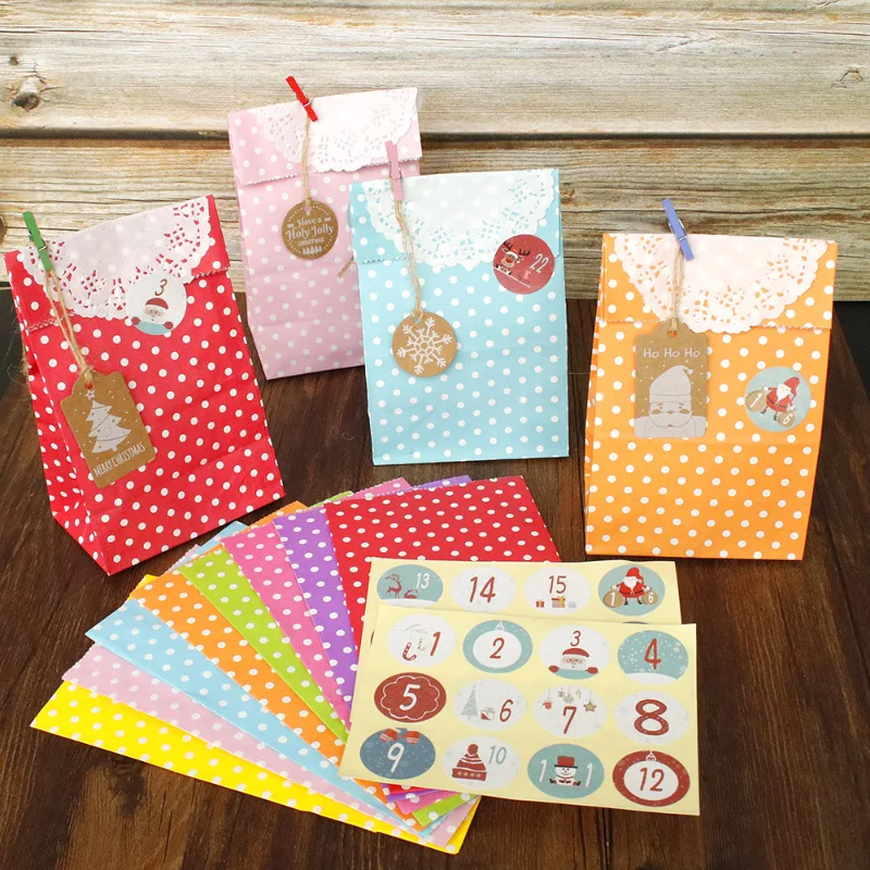

24Pcs Fine Candy Paper Bags Cookies Bag Wedding Party Gift Bag Baking Packing Bags with Stickers Tag Clips Rope and Bottom Paper