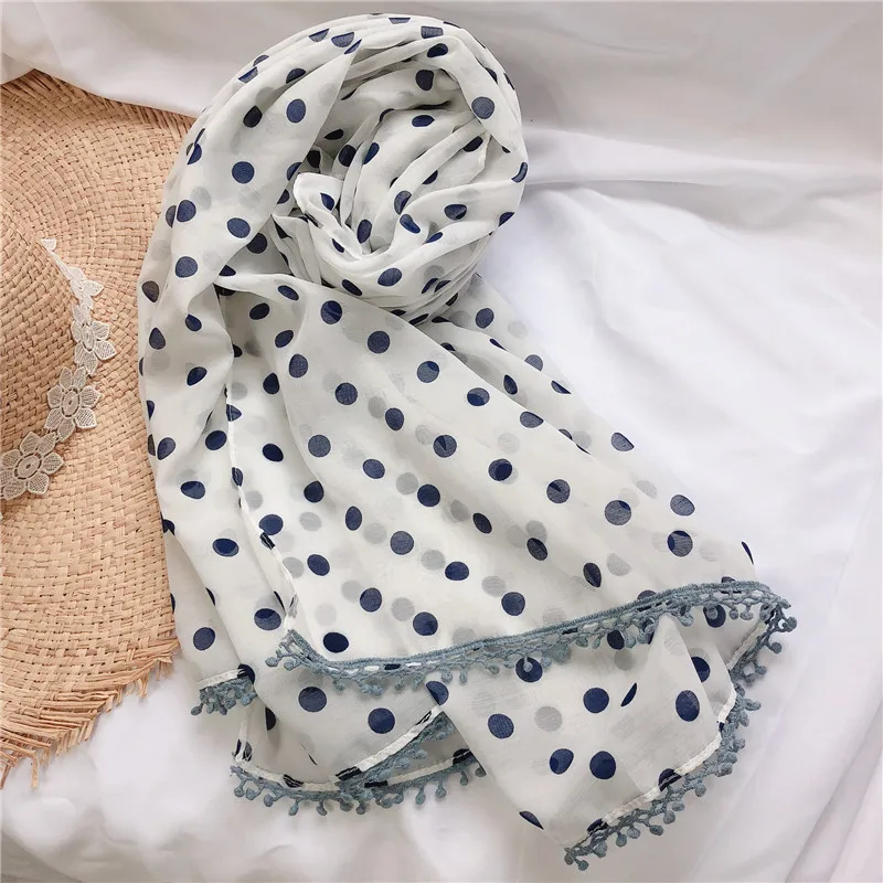 Красивые трикотажные шарфы в горошек с помпоном, шали, хлопок, горошек, кружево, длинный широкий шарф, шарф, хиджаб, 3 цвета