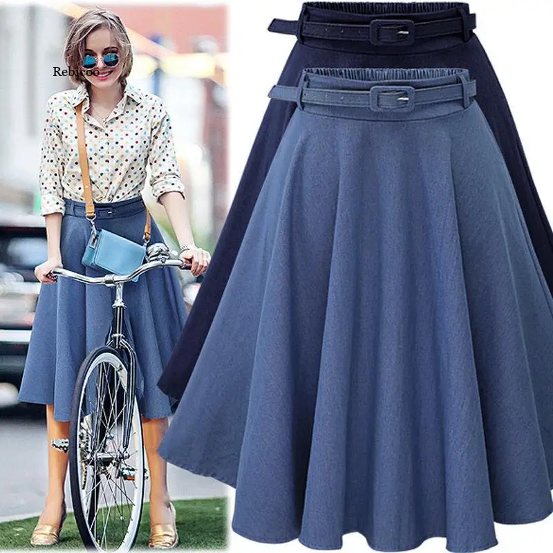 

High Waist Knee Length Women Skirts with Belt Spring Summer Korean Cute Blue A-Line Loose Midi Skirt Female New