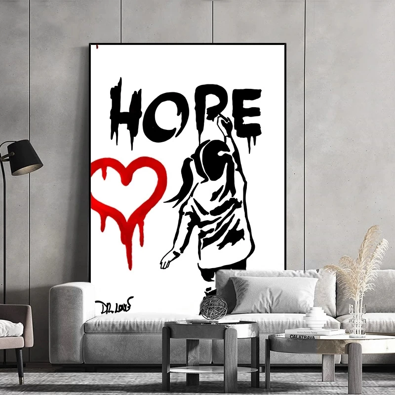 

Banksy Graffiti Artwork Canvas Painting Girl with Red Love Poster Black and White Abstract Wall Picture Nordic Home Decoration